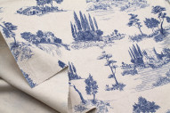 Tissu Coton Toile de Jouy Paysage Pastoral Bleu -Au Mètre