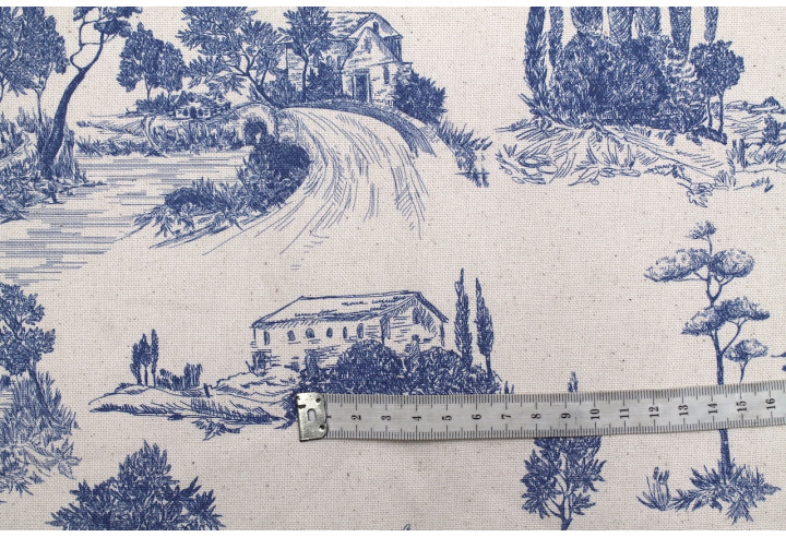 Tissu Coton Toile de Jouy Paysage Pastoral Bleu -Au Mètre