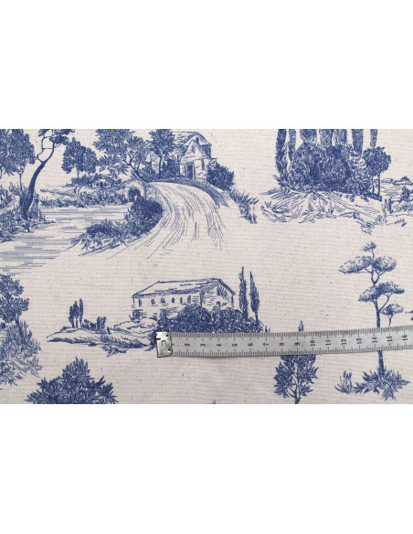 Tissu Coton Toile de Jouy Paysage Pastoral Bleu -Au Mètre