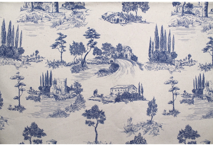 Tissu Coton Toile de Jouy Paysage Pastoral Bleu -Au Mètre