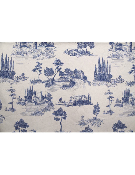 Tissu Coton Toile de Jouy Paysage Pastoral Bleu -Au Mètre
