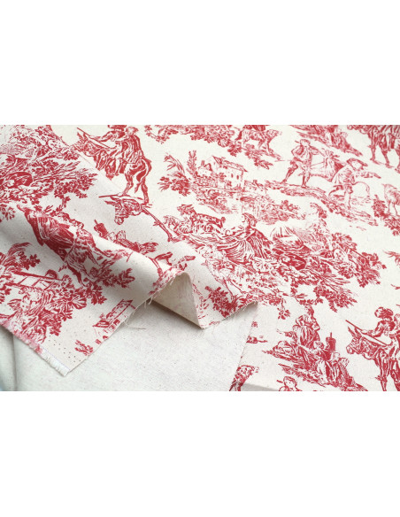 Tissu Coton Toile de Jouy Quotidien Champêtre Rouge -Au Mètre