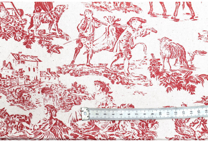Tissu Coton Toile de Jouy Quotidien Champêtre Rouge -Au Mètre