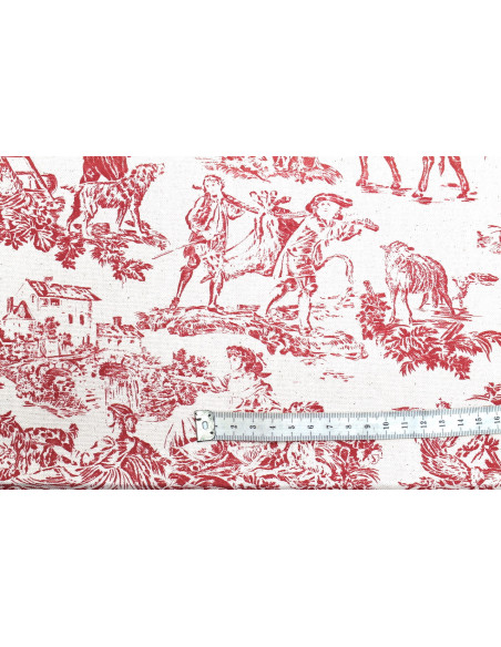 Tissu Coton Toile de Jouy Quotidien Champêtre Rouge -Au Mètre