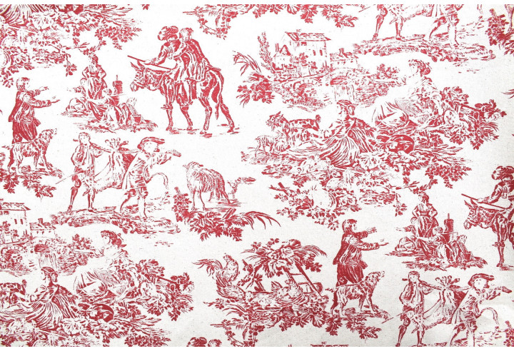 Tissu Coton Toile de Jouy Quotidien Champêtre Rouge -Au Mètre