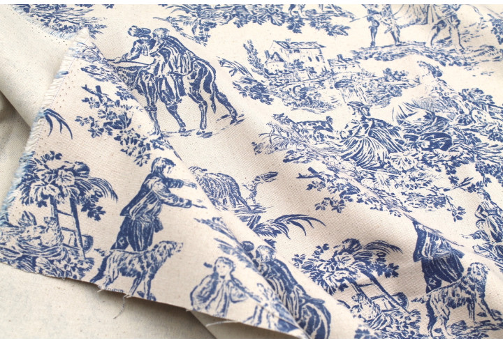 Tissu Coton Toile de Jouy Quotidien Champêtre Bleu -Au Mètre