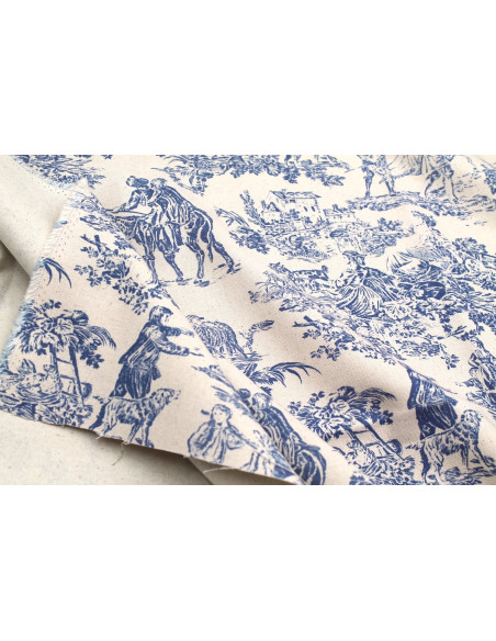Tissu Coton Toile de Jouy Quotidien Champêtre Bleu -Au Mètre