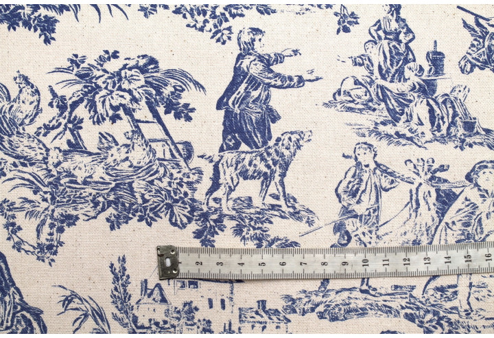 Tissu Coton Toile de Jouy Quotidien Champêtre Bleu -Au Mètre