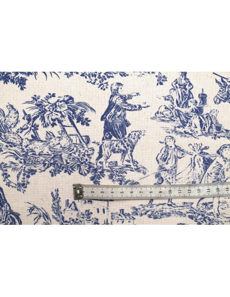 Tissu Coton Toile de Jouy Quotidien Champêtre Bleu -Au Mètre
