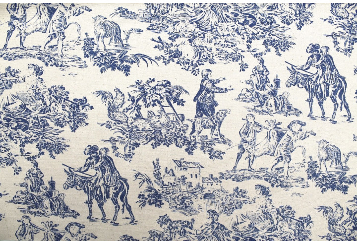 Tissu Coton Toile de Jouy Quotidien Champêtre Bleu -Au Mètre