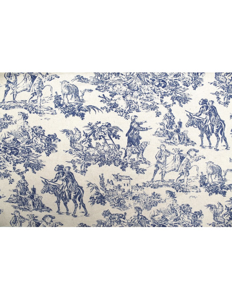 Tissu Coton Toile de Jouy Quotidien Champêtre Bleu -Au Mètre