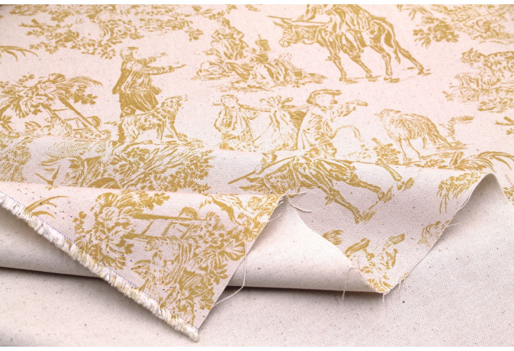 Tissu Coton Toile de Jouy Quotidien Champêtre Jaune -Au Mètre