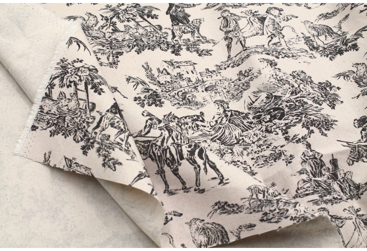 Tissu Coton Toile de Jouy Quotidien Champêtre Noir -Au Mètre