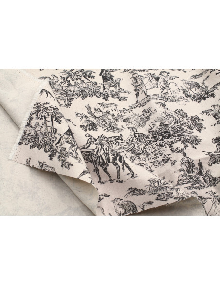 Tissu Coton Toile de Jouy Quotidien Champêtre Noir -Au Mètre