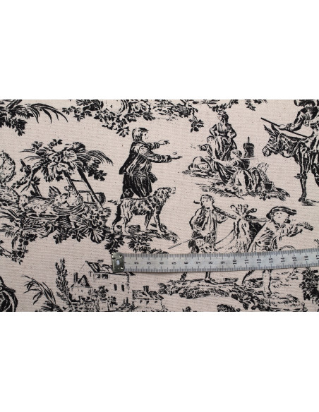 Tissu Coton Toile de Jouy Quotidien Champêtre Noir -Au Mètre