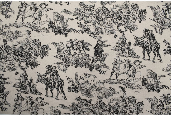 Tissu Coton Toile de Jouy Quotidien Champêtre Noir -Au Mètre