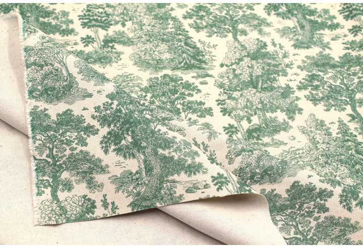 Tissu Coton Toile de Jouy Forêt Vert -Au Mètre