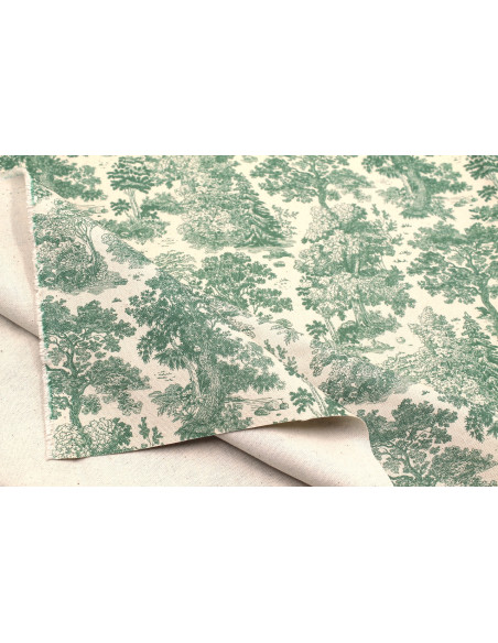 Tissu Coton Toile de Jouy Forêt Vert -Au Mètre