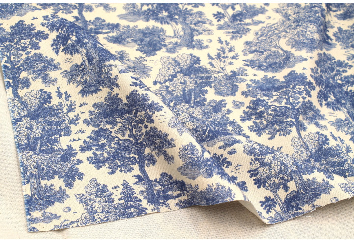 Tissu Coton Toile de Jouy Forêt Bleu -Au Mètre