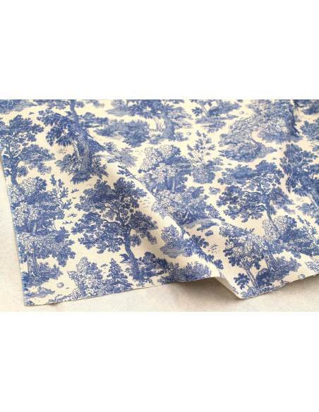 Tissu Coton Toile de Jouy Forêt Bleu -Au Mètre