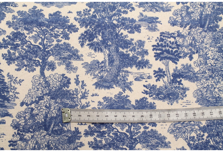 Tissu Coton Toile de Jouy Forêt Bleu -Au Mètre