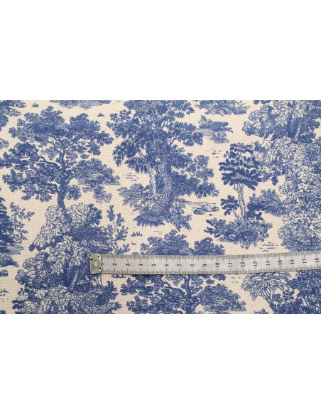 Tissu Coton Toile de Jouy Forêt Bleu -Au Mètre