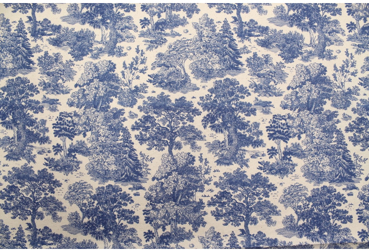 Tissu Coton Toile de Jouy Forêt Bleu -Au Mètre