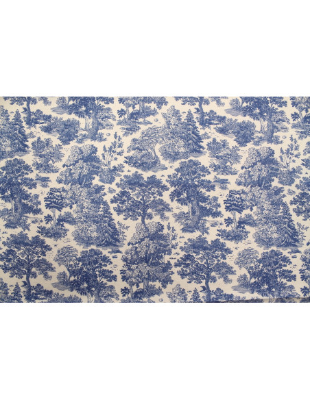 Tissu Coton Toile de Jouy Forêt Bleu -Au Mètre