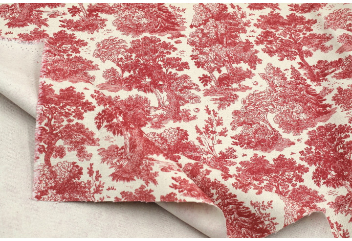 Tissu Coton Toile de Jouy Forêt Rouge -Au Mètre