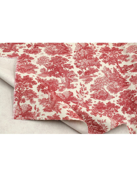 Tissu Coton Toile de Jouy Forêt Rouge -Au Mètre