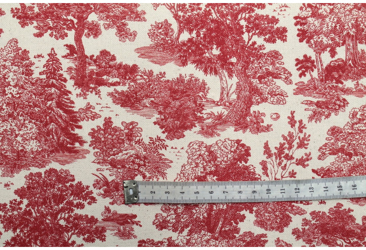Tissu Coton Toile de Jouy Forêt Rouge -Au Mètre