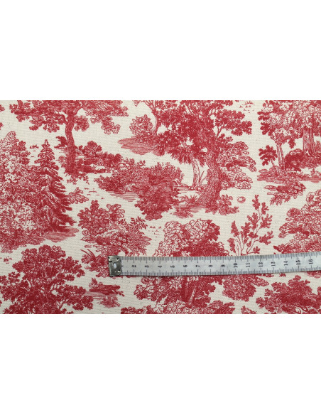Tissu Coton Toile de Jouy Forêt Rouge -Au Mètre