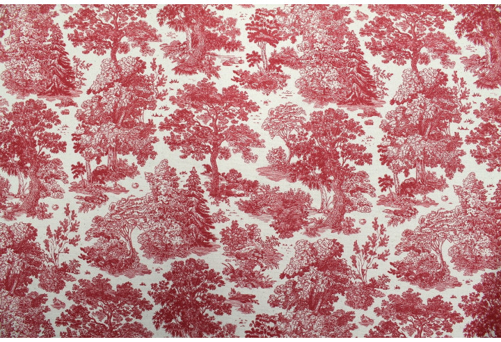 Tissu Coton Toile de Jouy Forêt Rouge -Au Mètre