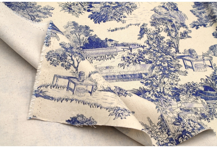 Tissu Coton Toile de Jouy Domaine Bleu -Au Mètre
