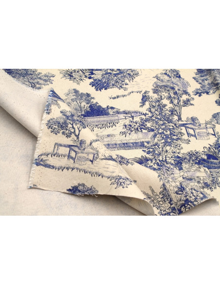 Tissu Coton Toile de Jouy Domaine Bleu -Au Mètre