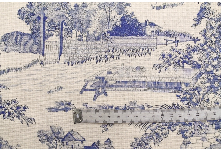 Tissu Coton Toile de Jouy Domaine Bleu -Au Mètre