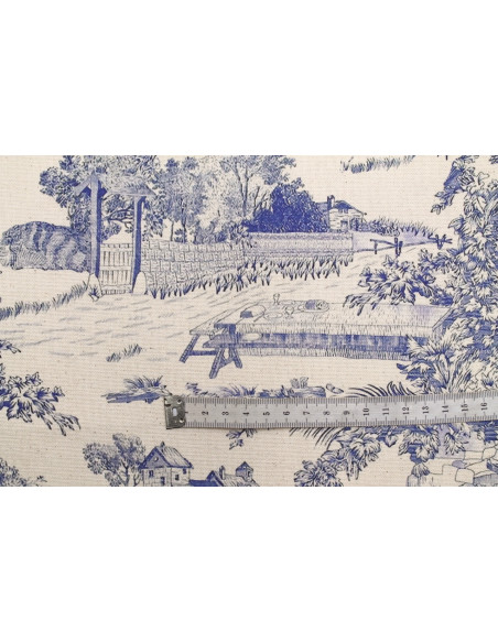 Tissu Coton Toile de Jouy Domaine Bleu -Au Mètre