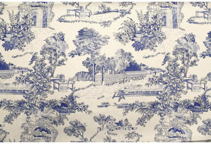 Tissu Coton Toile de Jouy Domaine Bleu -Au Mètre
