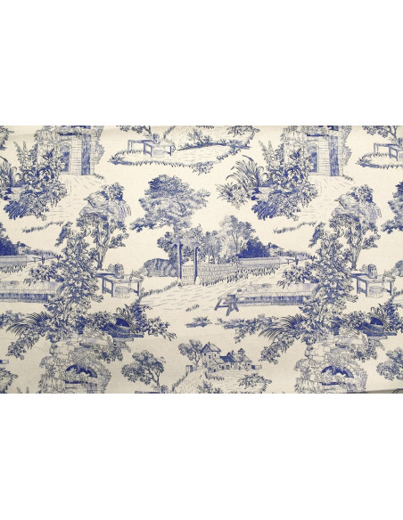 Tissu Coton Toile de Jouy Domaine Bleu -Au Mètre