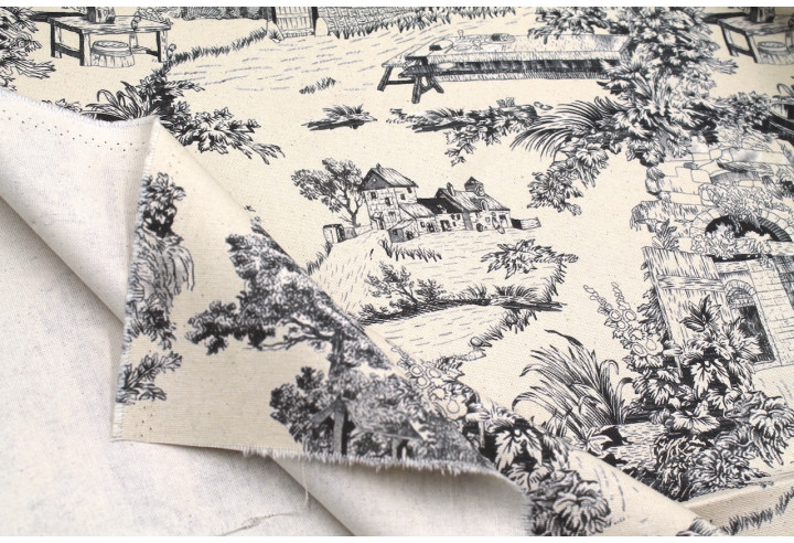 Tissu Coton Toile de Jouy Domaine Noir -Au Mètre