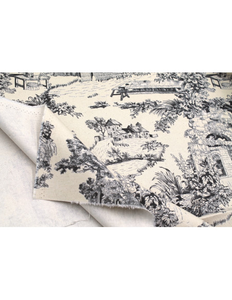 Tissu Coton Toile de Jouy Domaine Noir -Au Mètre