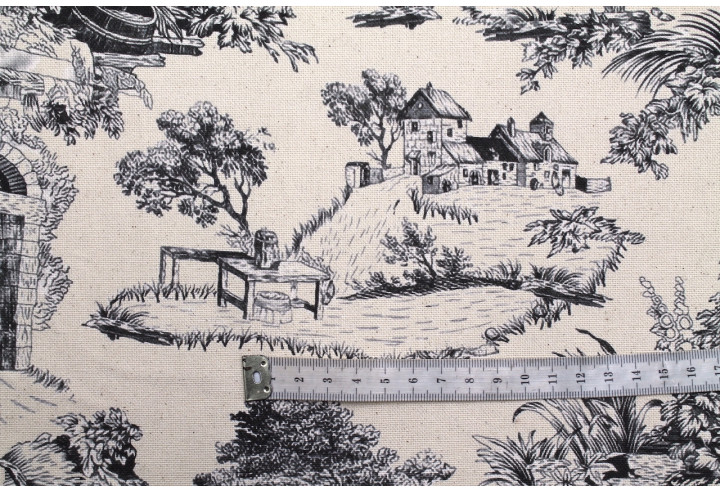 Tissu Coton Toile de Jouy Domaine Noir -Au Mètre
