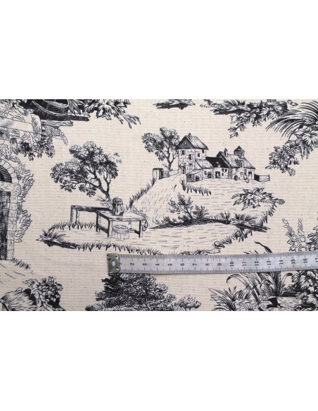 Tissu Coton Toile de Jouy Domaine Noir -Au Mètre