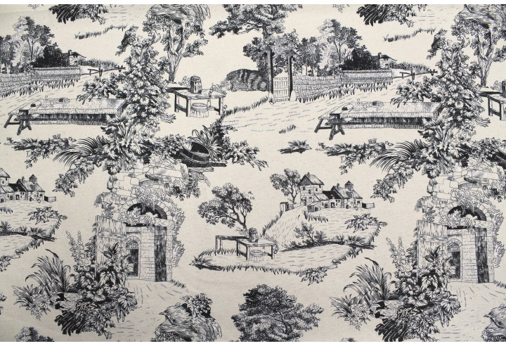 Tissu Coton Toile de Jouy Domaine Noir -Au Mètre