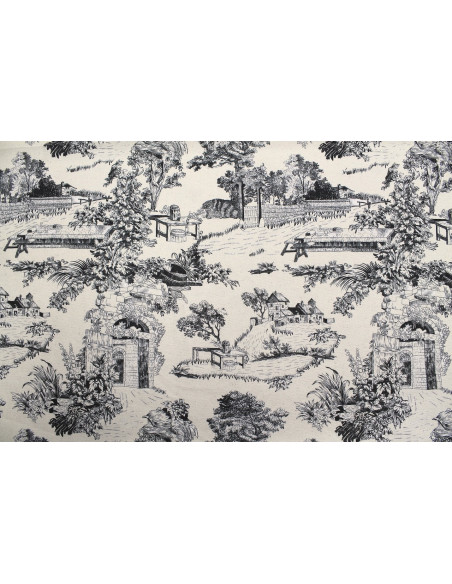 Tissu Coton Toile de Jouy Domaine Noir -Au Mètre