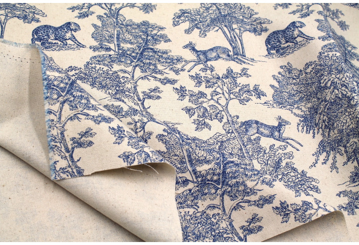 Tissu Coton Toile de Jouy Savane Bleu -Au Mètre