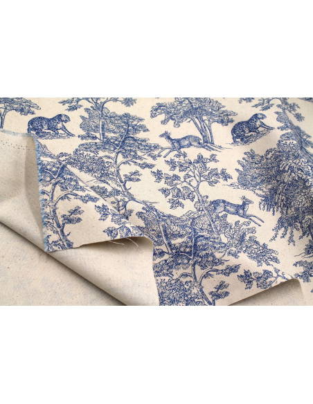 Tissu Coton Toile de Jouy Savane Bleu -Au Mètre