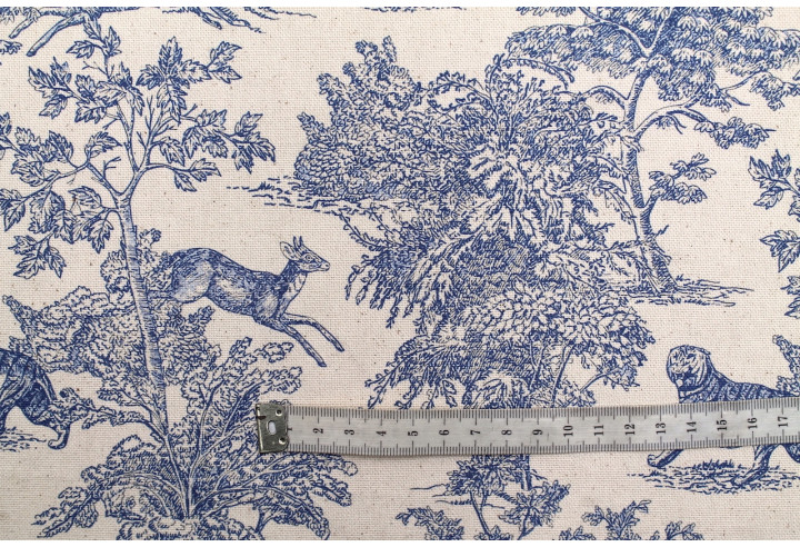 Tissu Coton Toile de Jouy Savane Bleu -Au Mètre