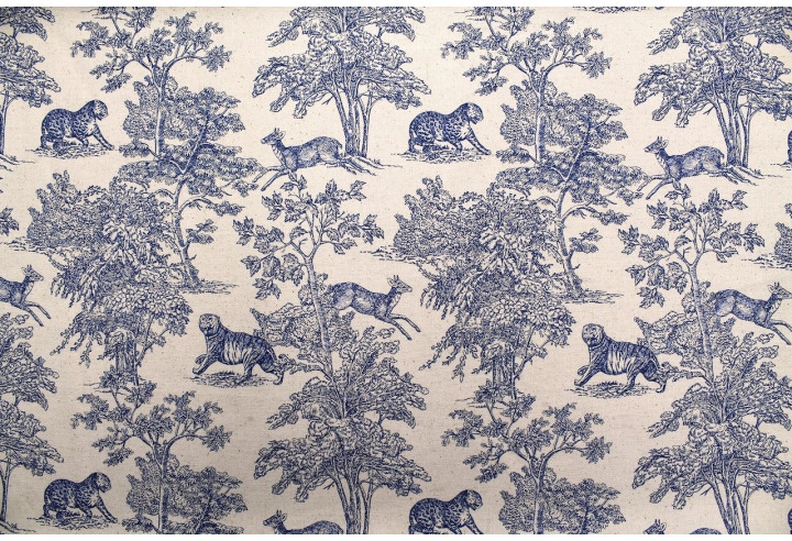 Tissu Coton Toile de Jouy Savane Bleu -Au Mètre