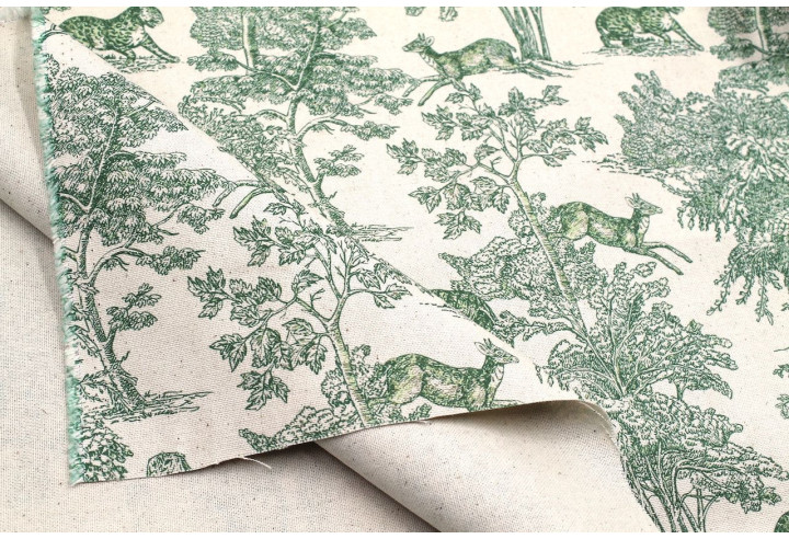 Tissu Coton Toile de Jouy Savane Vert -Au Mètre